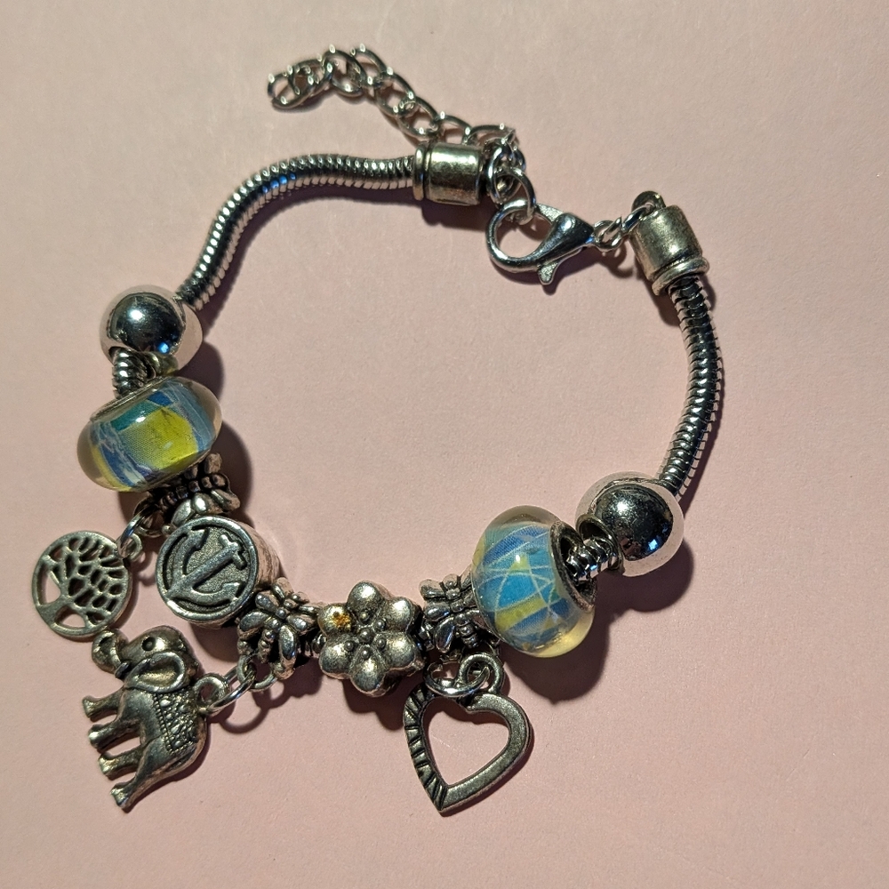 Silver Metal Charm Bracelet with Blue Green Accent Beads Elephant  Tree Heart